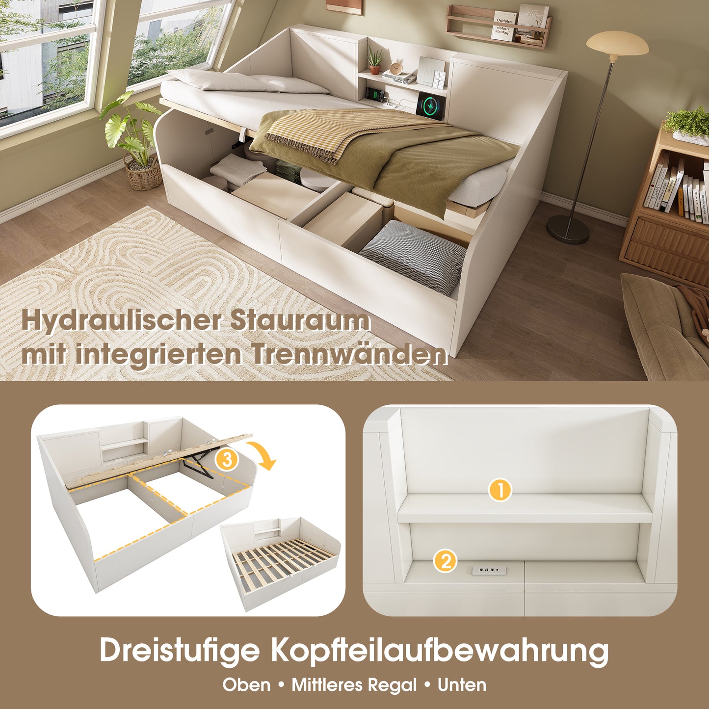 Hydraulic Daybed 140x190 Cm In White, Wooden Bed With 2 Shelves, Large Storage Space & USB-Type-C Charging Station, Slatted Frame Incl., Compact Double Bed   Without Mattress