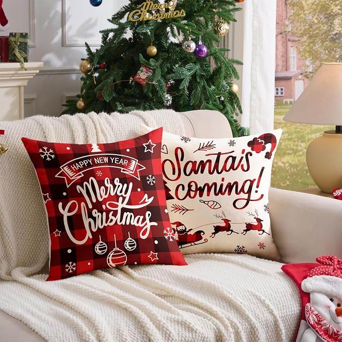 4 Pcs Plaid Christmas Pillow Covers 18x18, Red Black Buffalo Check Farmhouse Cushion Cases For Sofa, Couch, Bed And Chair