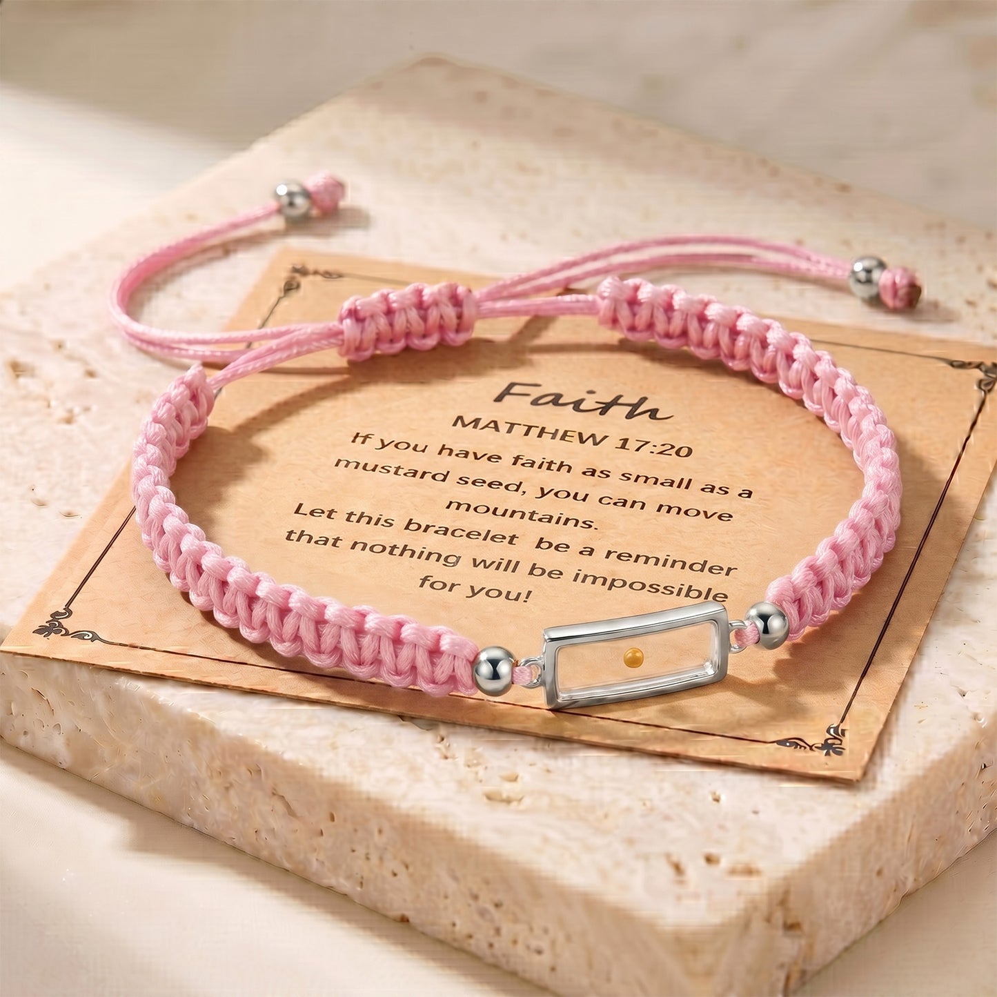 Real Mustard Seed Faith Bracelet, Adjustable Braided Nylon Cord Bracelet For Women Men, Stainless Steel Religious Christian Gift With Scripture Card