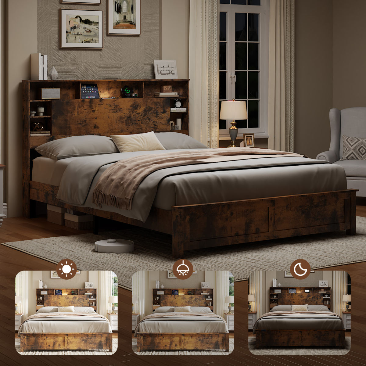 Queen Wood Bed Frame With Bookcase Headboard, Charging Station & LED, Dark Brown