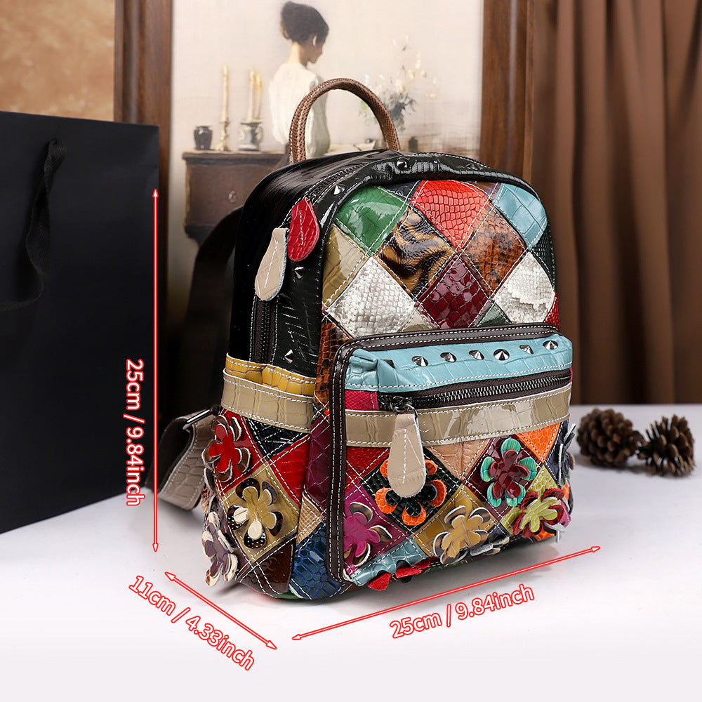 New Ethnic-style Patchwork Color-block Backpack, Genuine Leather