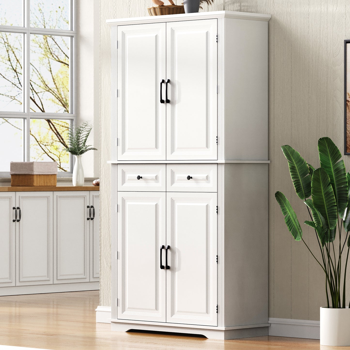 K&K 71   Tall Kitchen Pantry Cabinet With 3 Pull Out Cabinet Organizers, Farmhouse Embossed Texture Storage Cabinet With 6 Door Shelves, 2 Drawers, Freestanding Cupboard For Kitchen, Dining Room White