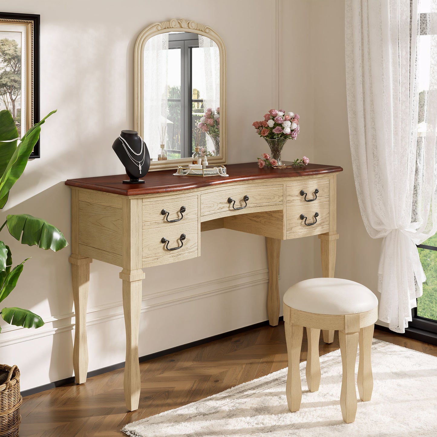 46 Vintage Makeup Vanity With  Curved Flower Frame Mirror, Elegant Dressing Table With 5 Drawers And Leather Stool, Vanity Desk With Solid Wood Legs And Antique Handles For Bedroom