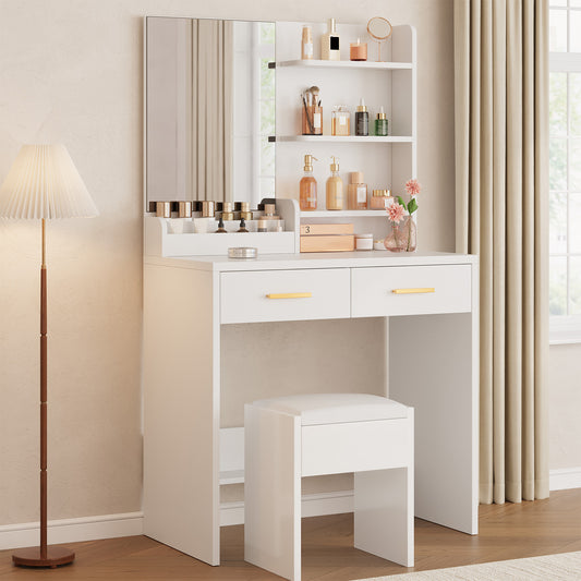 Vanity Table With Mirror 2 Drawers 3 Open Shelves Elegant White Makeup Desk For Bedroom Dorm Apartment