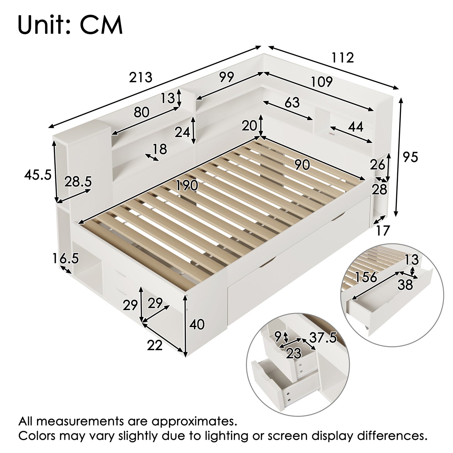 Daybed 90x190 Cm White Functional Bed With LED Lighting Single Bed Made Of Wood-based Material With USB & Type-C Charging Station Storage Space Shelves And Drawers Youth Bed Incl. Slatted Frame  Witho