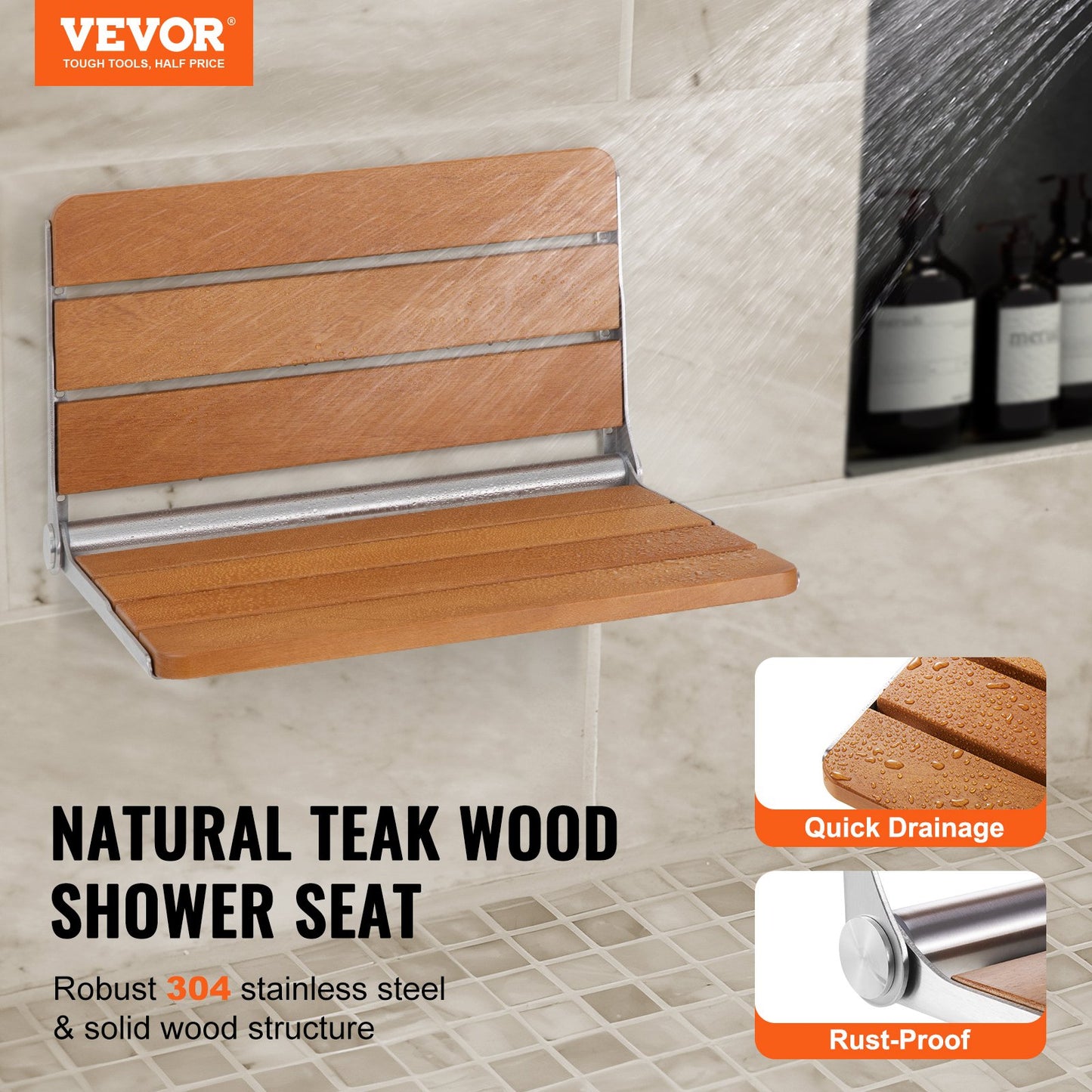 Folding Teak Shower Seat, 20.9 X 16'' Unfolded, Wall Mounted Fold Up Shower Bench With 500 Lbs Load Capacity, Space Saving Home Care Fold Down Shower Chair, For Seniors Pregnant Women Children