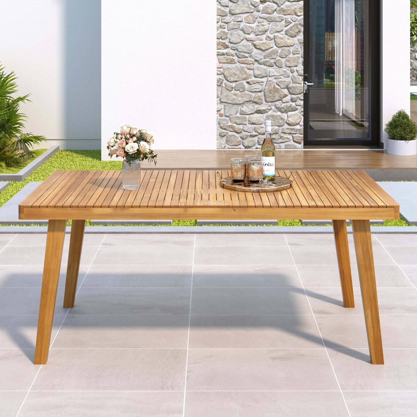 69  Acacia Wood Outdoor Dining Table With Slatted Top, 300 Lbs Weight Capacity, Ideal For Patio & Garden Gatherings, Natural Color