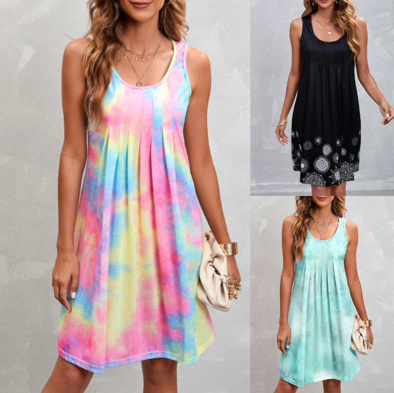 Beauty Clothing Sleeveless Round Neck Pleated Tie-dye Print Dress