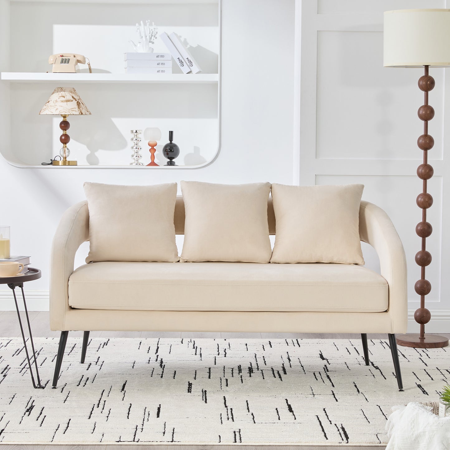 53.7 Modern Upholstered Velvet Open Back Loveseat Settee With 3 Pillows, Small Comfy Sofa 2-Seater Mini Sofa For Small Space With Metal Legs, Living Room Bedroom Office Dorm Studio Apartment, Beige