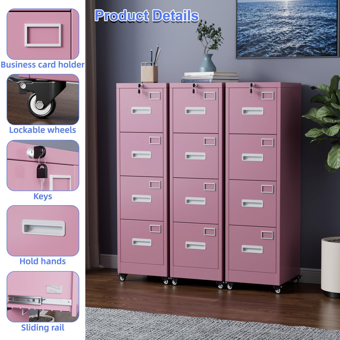 METAN 4 Drawer File Cabinet On Wheels, Lockable Metal Filing Cabinet With Handle And Name Card For Office Home,Assembly Required,Pink