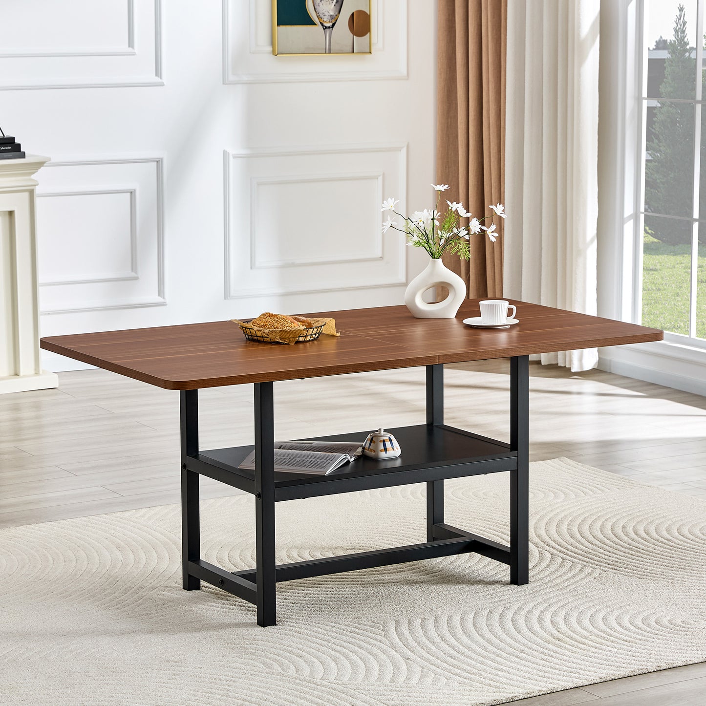 Rectangular Dining Table In Industrial Design In Walnut Colour, 160x90x76 Cm, For 4-6 People, With Multifunctional Storage Shelf And Black Metal Legs. Suitable For Living Room, Kitchen And Dining Area