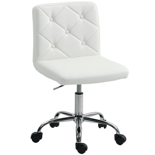 PU Leather Armless Office Chair, Modern Vanity Computer Swivel Chair With Rolling Wheels And Adjustable Height For Home Study, Bedroom, White