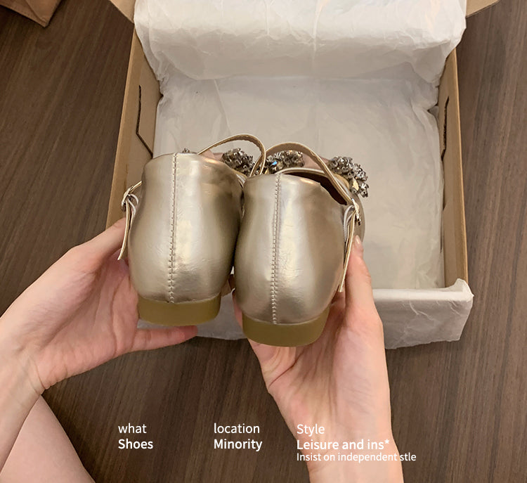 In Stock Women's Mary Jane Flats With Rhinestone Bows, 2026 New Spring Summer Gentle Evening Style Shallow Mouth Soft Sole Leather Shoes