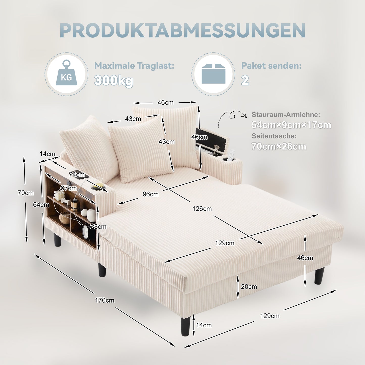 Multifunctional Corduroy Lounge With Chaise Longue With Large Lying Surface, Cup Holders On Both Sides, LED Lighting, Side Pocket, Storage Space, USB Charging Port, Sturdy Plastic Feet  Versatile