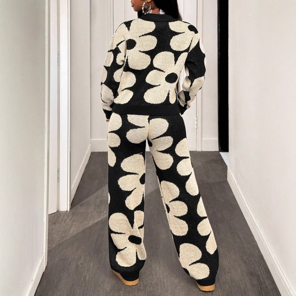 Autumn Winter European And American Fashion Multi-color Floral Knit Jacquard Sweater And Pants Knitted Set