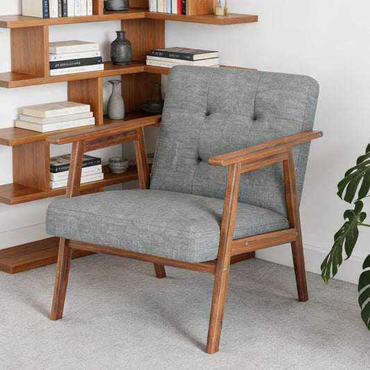 Modern Accent Chair With Walnut Finish Thick And Comfy Seat Cushion Upholstered Living Room Lounge Arm Chair For Bedroom Office Light Grey