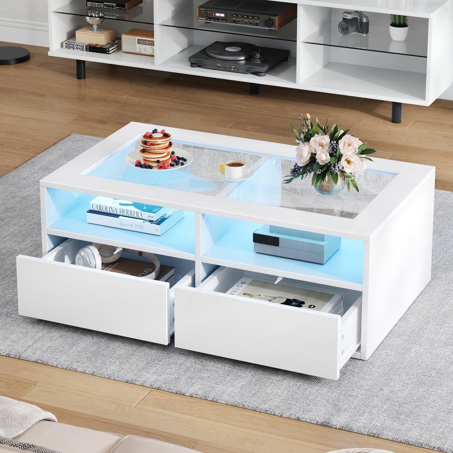 100x50x35cm Coffee Table With LED Light, Sofa Table With 2 Drawers, Glass Living Room Table, Tea Table Double Layer Design, Open Storage Space, Living Room Side Table, White