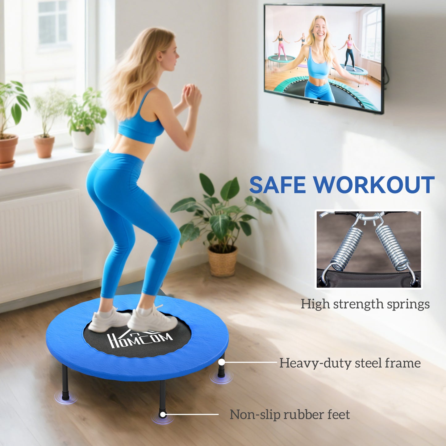 32" Mini Fitness Trampoline Home Gym Yoga Exercise Rebounder Indoor Outdoor Jumper With Safety Pad, Support Up To 100 KG, Blue And Black