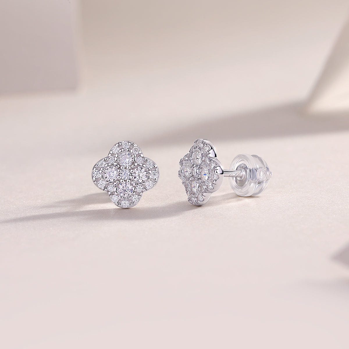 S925 Sterling Silver Clover Stud Earrings, D-VVS1 Moissanite Pave, Platinum Plated 1.2g Women's Jewelry Gift Box