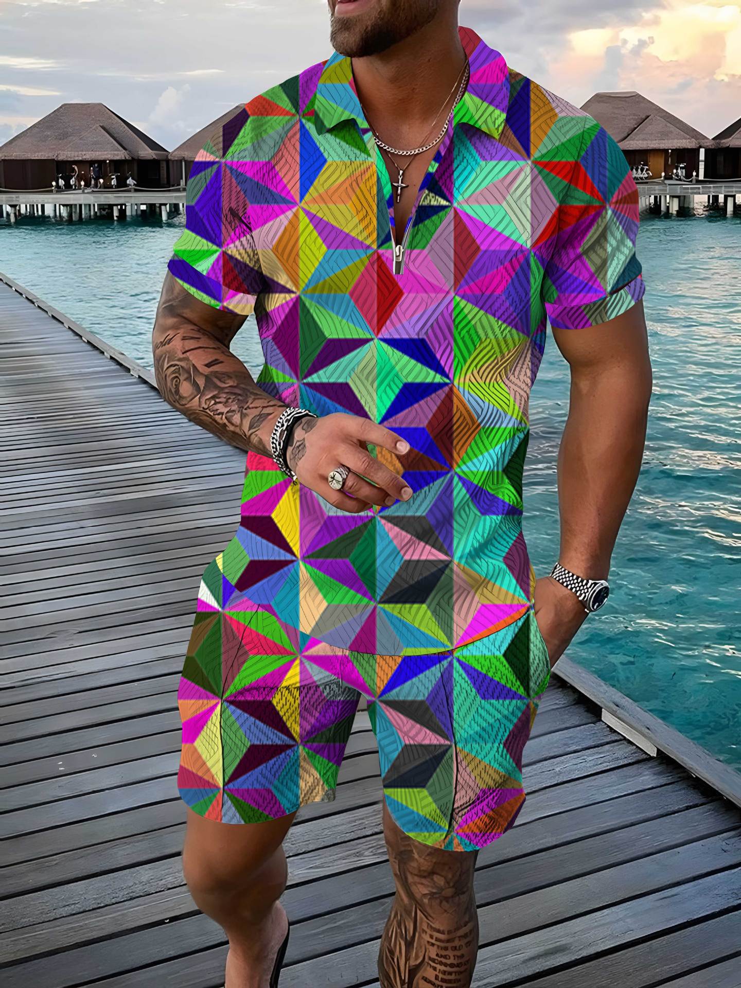 Men's Polo Shirt Summer Fashion 3D Printed Short Sleeve Geometric Zip Lapel