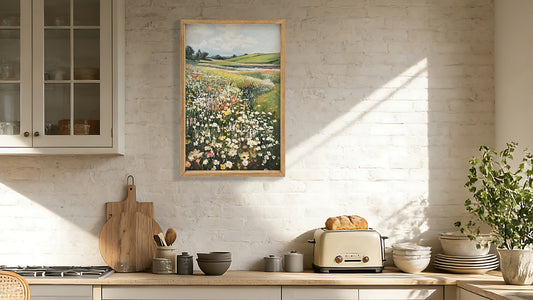 Framed Canvas Prints Art Vintage Decor, Classical Wildflower Field Meadow Flowers Painting, Rustic Landscape Large Wall Art For Living Room Bedroom Home Bathroom Wall Decor, 16x24inch