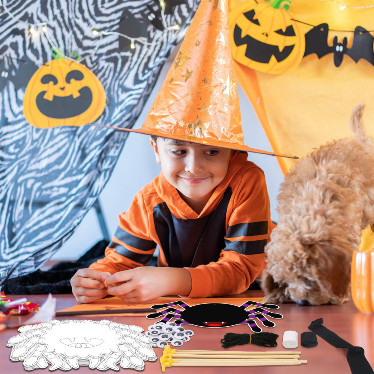 Halloween Spiders Craft Kit - Complete Set With Crepe Paper, Lamp Sticks, And Accessories For Spooky Projects - Party Supplies Set