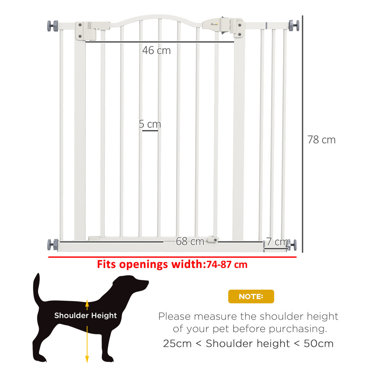 PawHut Metal 74-87cm Adjustable Pet Gate Safety Barrier W/ Auto-Close Door White