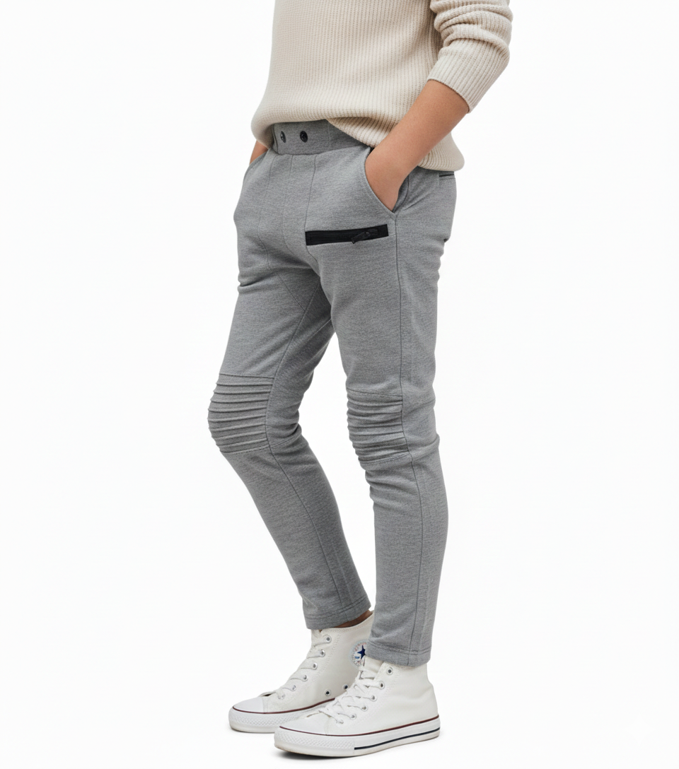 Boys Slim Fit Grey School Trousers Kids Smart Casual Pants Elastic Waist 6-12Y