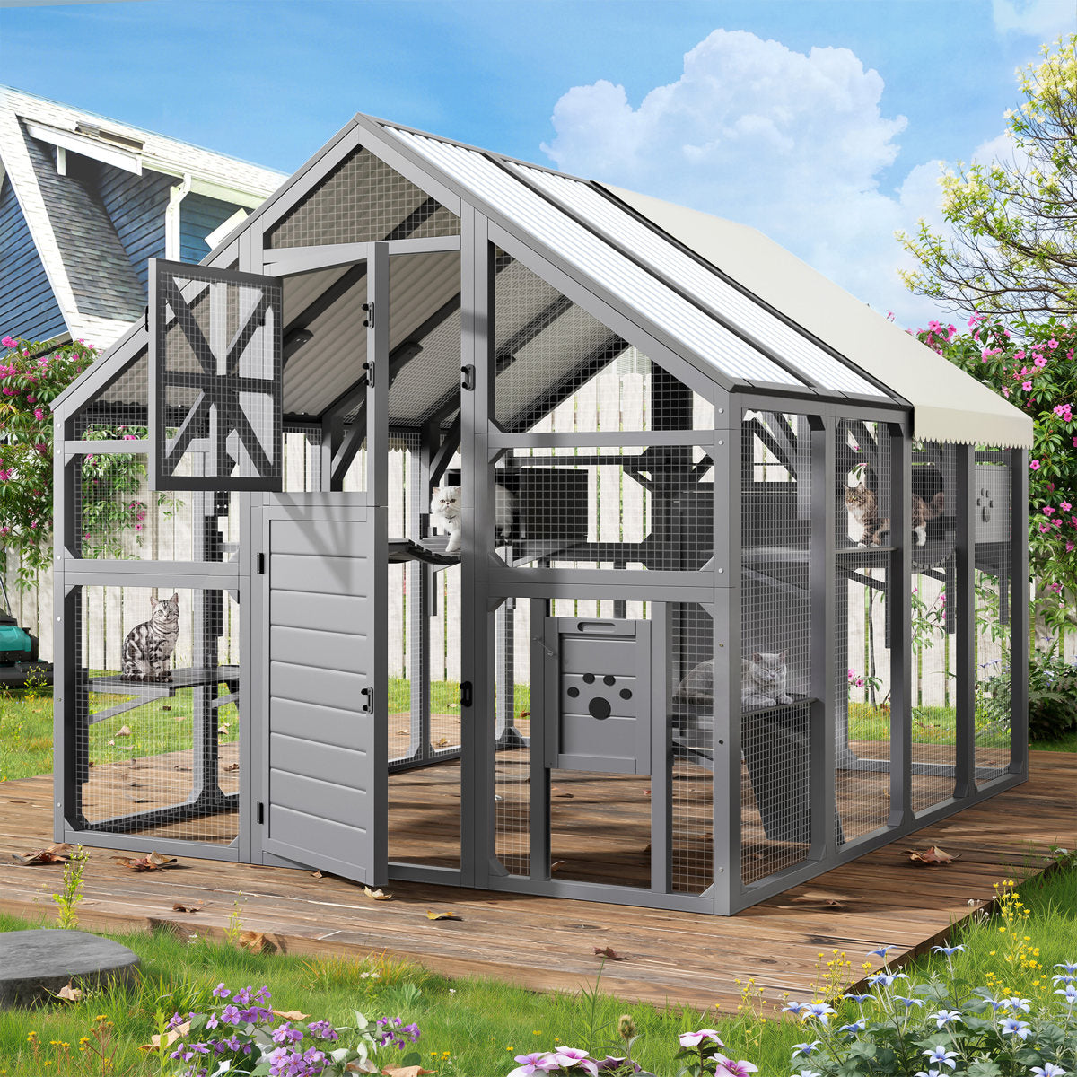 Extra Large Catio Outdoor Cat Enclosure, Walk-in Outdoor Pet House For Multiple Cats, Catio Cat Run Cage With Bridges,  PVC Roof, Weatherproof  Cover, 8 Platforms, 2 Resting Box, Grey