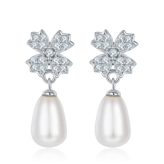 S925 Sterling Silver Natural Freshwater Pearl Dangle Earrings, Clover Pave, Round Teardrop Pearl, Platinum Plated, 2g, Gift Box