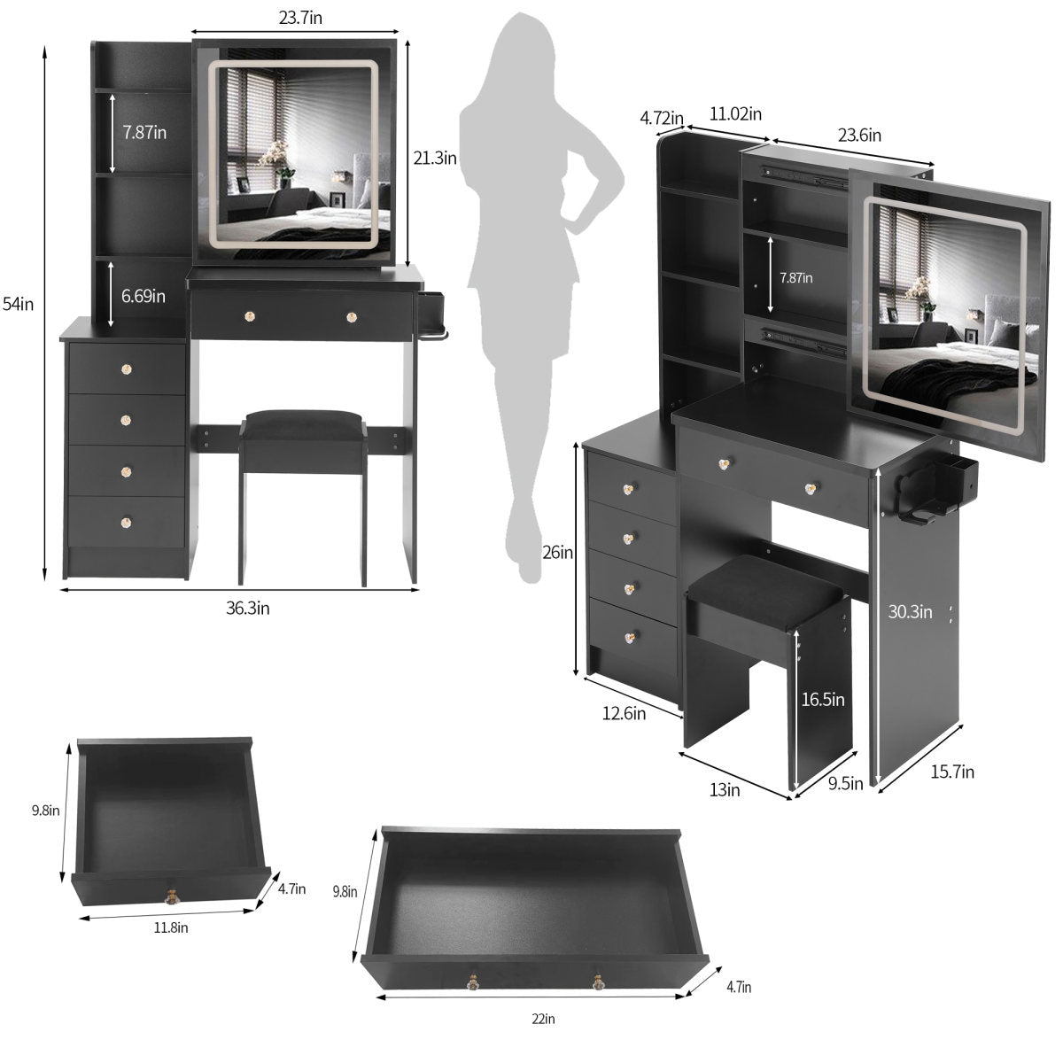 37 Middle Size Left Bedside Cabinet Vanity Table  Cushioned Stool Dresser Set, 2 AC -2 USB Socket, Hair Dryer Stand, Large Touch Control LED Sliding Mirror, 3-color Switch, EPA, GCC, UL Certificate
