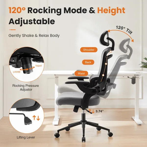 High Back Desk Chair With Adjustable Lumbar Support & Headrest,Comfortable Mesh Computer Chair With Soft Flip Up Arms, Adjustable Height And 120'Tilt