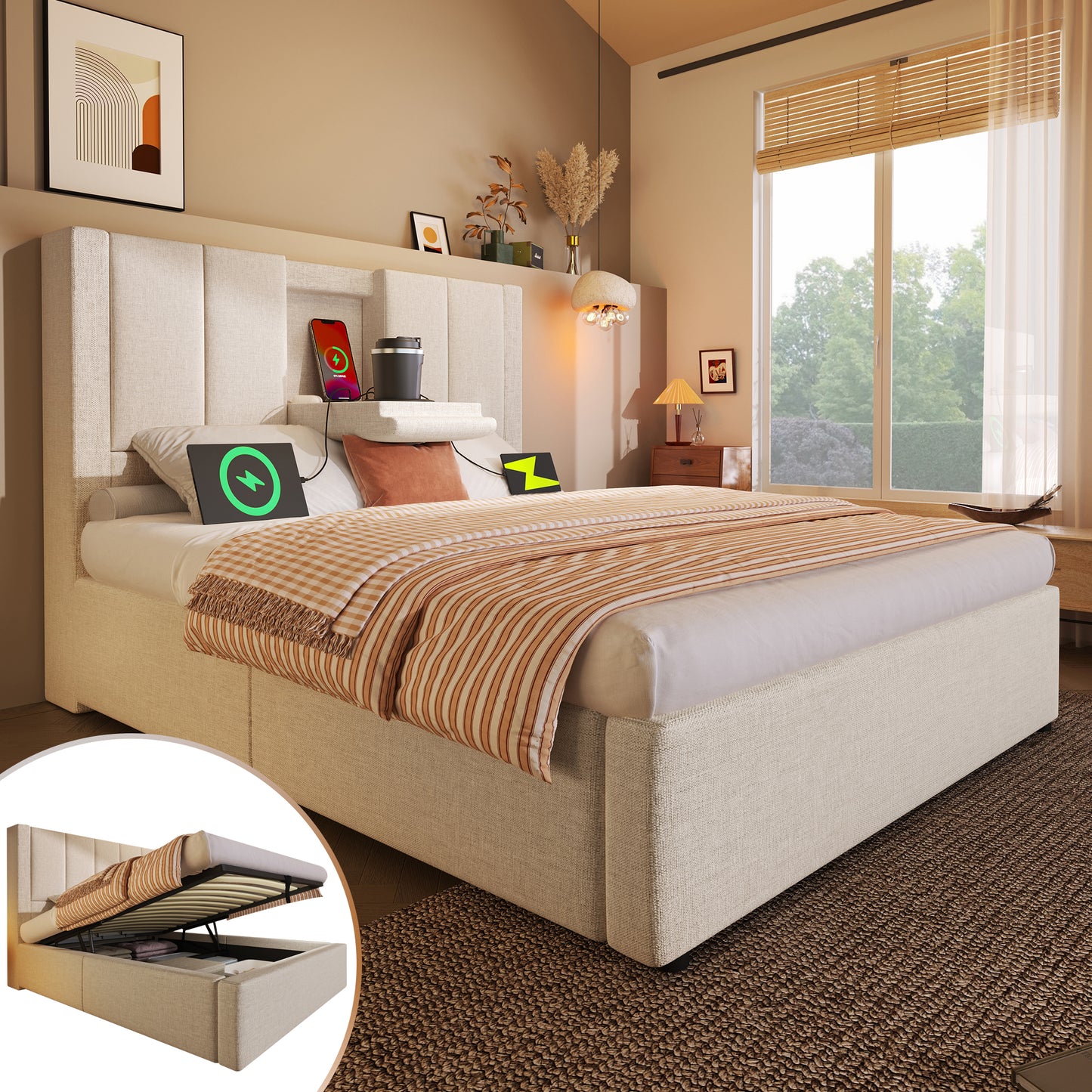 Upholstered Bed 90x200 Cm Single Bed With Hidden Cup Holder & Charging Station, Hydraulic Bed With Storage Space Under The Bed, Incl. Slatted Frame, Linen Beige  Without Mattress