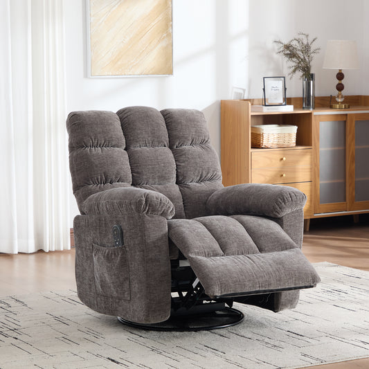 Electric 360 Swivel Recliner With Massage And Heat Function, Manually Adjustable Backrest And Footrest, And Side Storage Pockets. Gray
