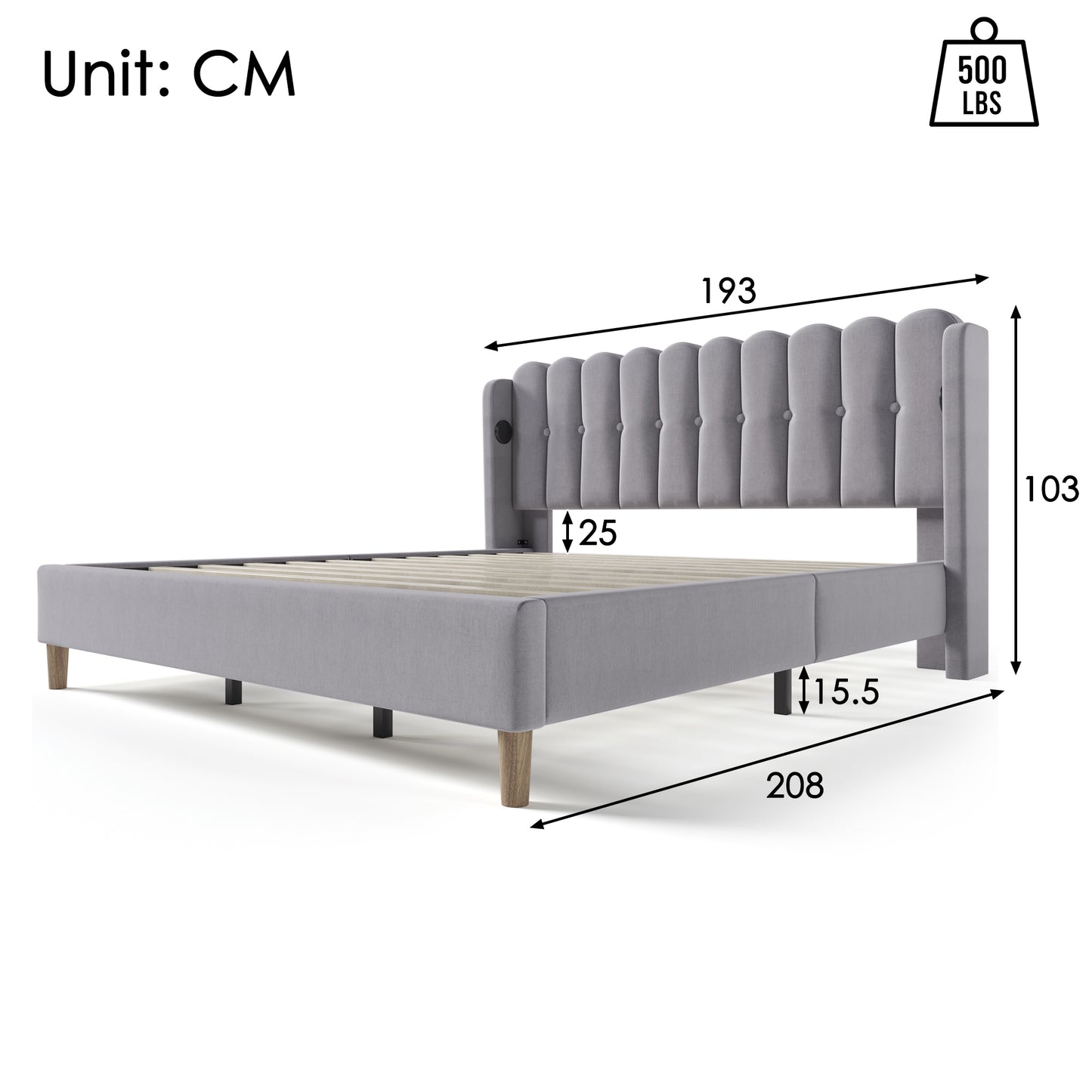 Upholstered Bed Double Bed With USB Type C Charging Function, Bed Frame With Slatted Base, Upholstered Bed In Grey, 180 X 200 Cm Bed Frame Youth Bed For Bedroom Guest Room Linen Material