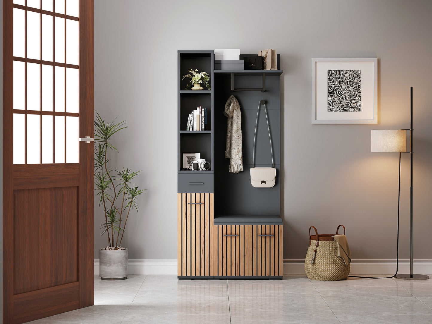 N625P313944945Z 80x35x175cm Compact Coat Racks,Home, Storage Cabinet With 2 Coat Hooks,Wardrobe Set Entrance Cabinet, Coat Rack With Shoe Bench,Upholstered Wardrobe,Black  Wood Color