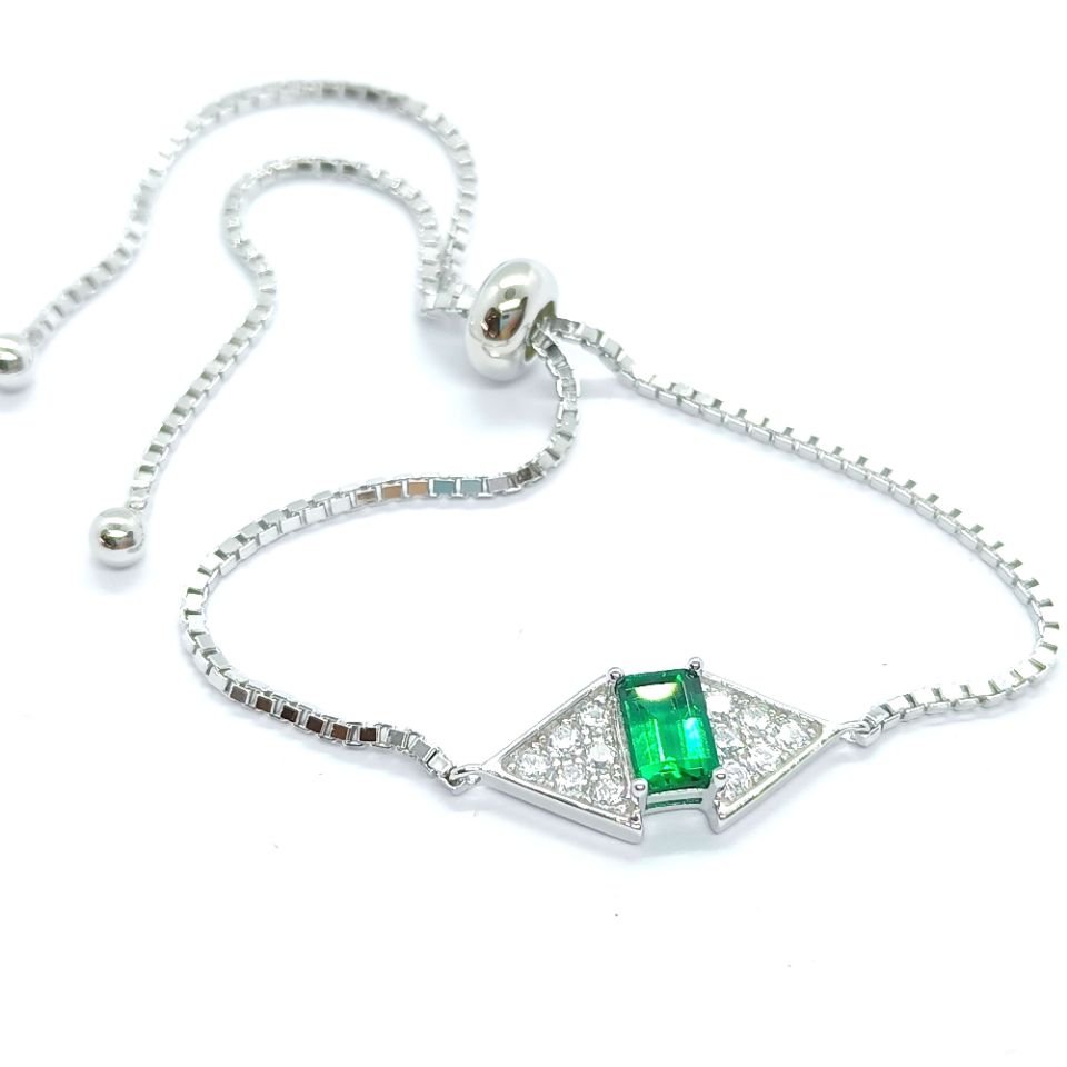S925 Sterling Silver Rectangle 6x4mm Lab-Grown Emerald Ruby Bracelet 22cm Slider Adjustable Platinum Plated Gift Box
