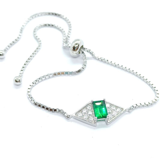 S925 Sterling Silver Rectangle 6x4mm Lab-Grown Emerald Ruby Bracelet 22cm Slider Adjustable Platinum Plated Gift Box