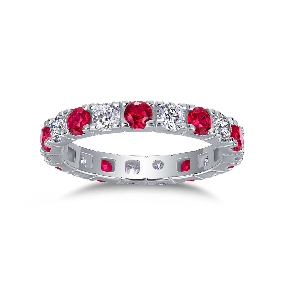 2.4g S925 Sterling Silver Platinum Plated Eternity Ring  Synthetic Ruby & White Stone Alternating Band, Dainty Stackable Promise Ring For Women, Jewelry Gift Box Set