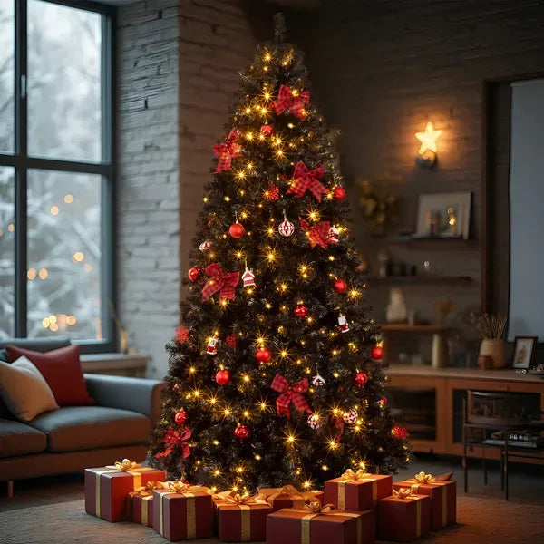 7.5 FT Artificial Christmas Tree With DIY 350 Warm White LED Lights, Hinged Xmas Pine Tree With Tree Skirt And Holiday Ornaments For Holiday Party Office Home, Black Tree & Red Decor