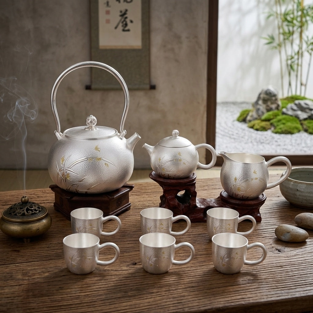 925 Sterling Silver Elegant  Tea Set with Traditional Floral Design and Wooden Stands - Handicraft