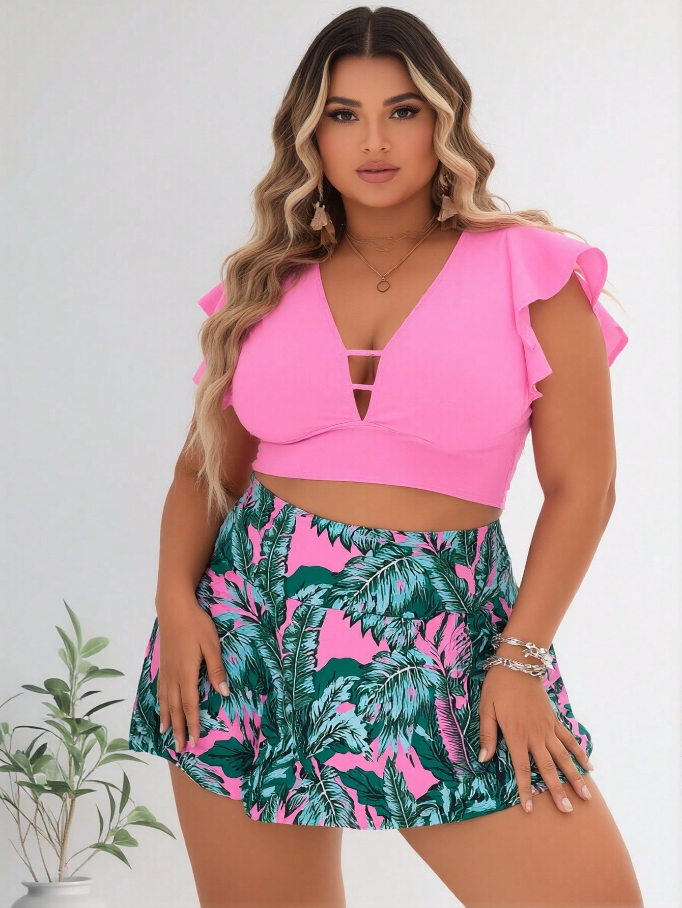 2026 New Women's Plus Size Two-Piece Swimsuit: Hot Pink Ruffled Crop Top With Cutout + Tropical Palm Print Skirted Bottom