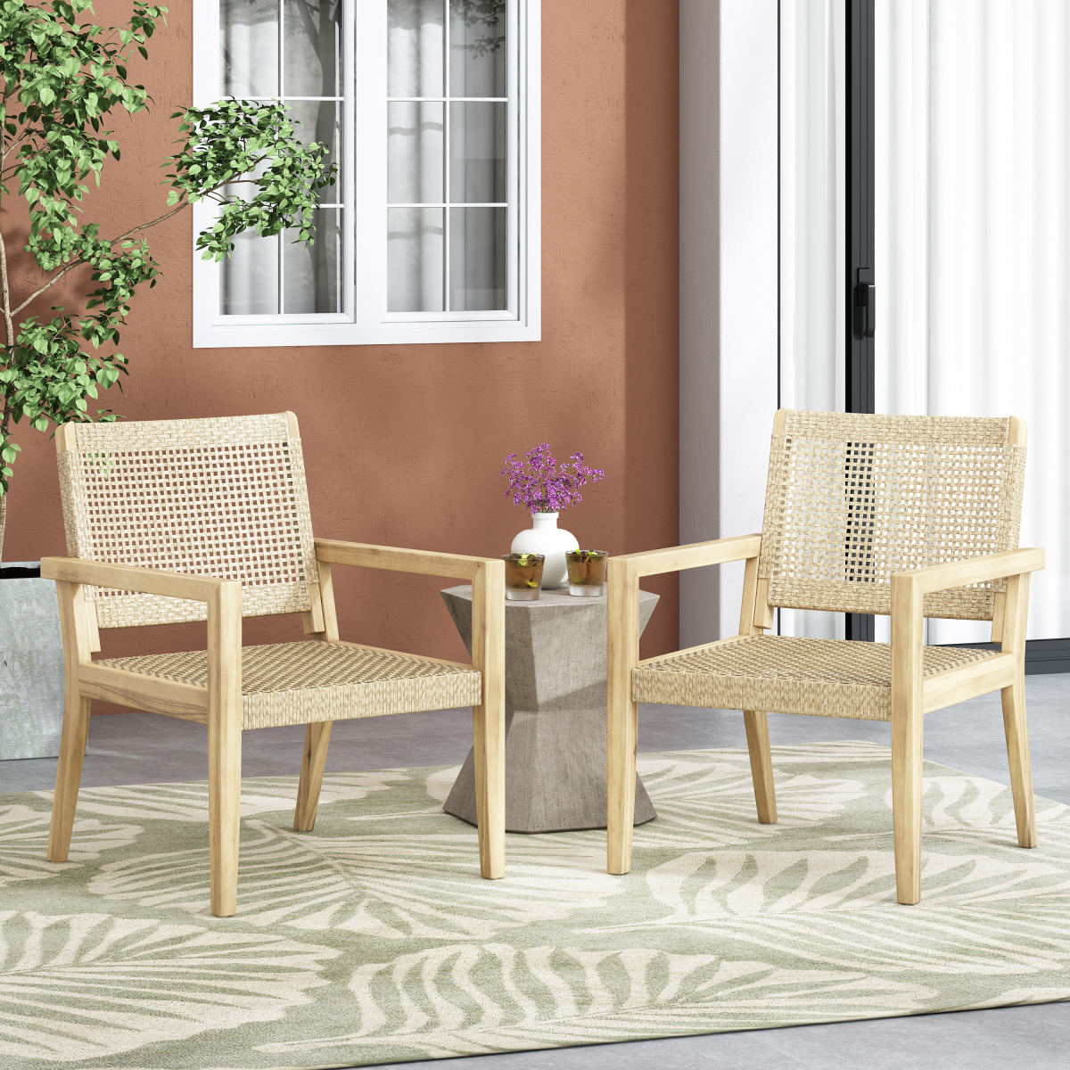 Outdoor Wicker And Acacia Wood Club Chairs, Set Of 2, Light Multibrown And Light Brown, 34 H X 25 W X 27.25 D