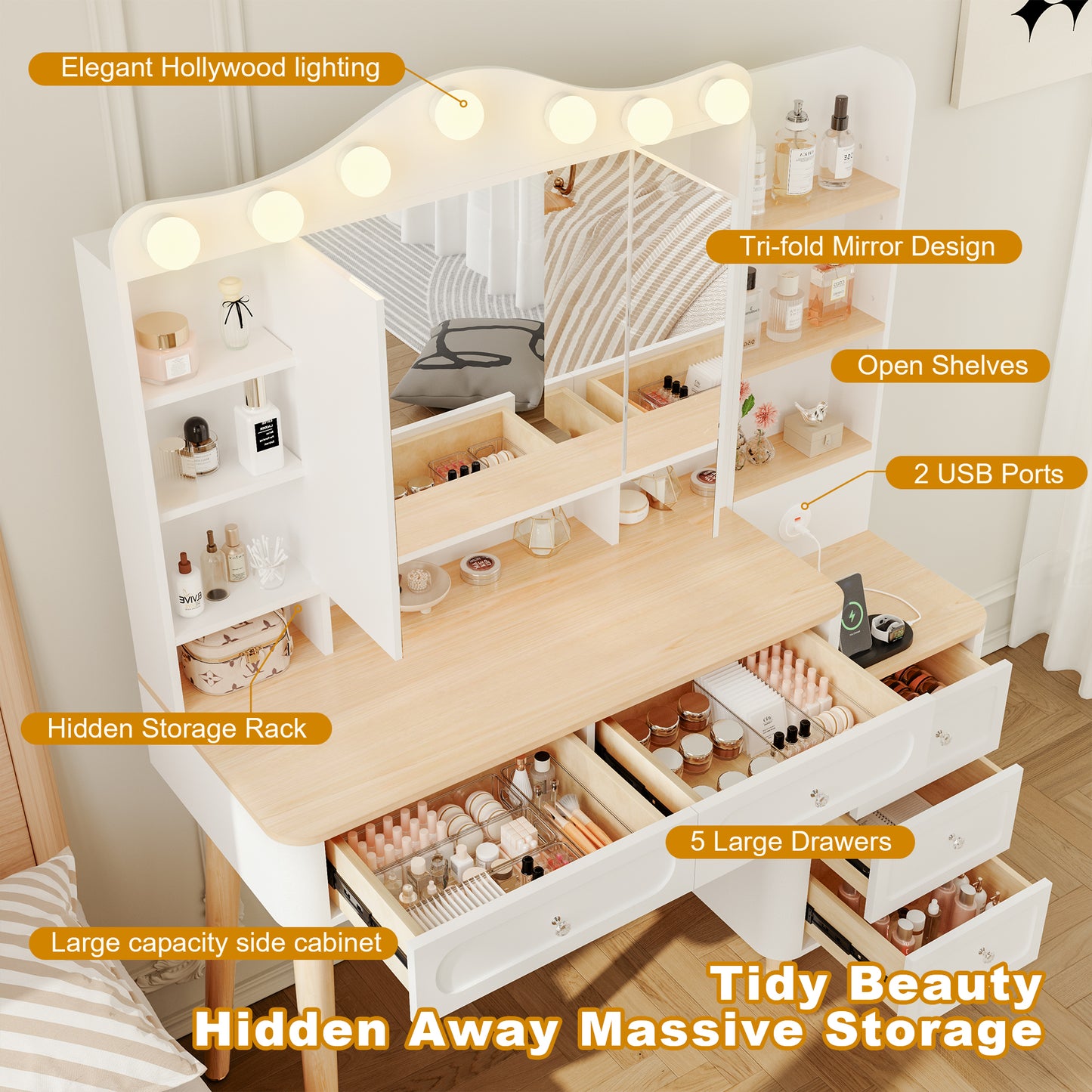 Vanity Desk With Mirror And Lights,Makeup Vanity With 2 USB Power Strip,Vanity Set With Two Drawers And Three-drawer Chest, 3 Lighting Modes Adjustable Brightness, Foldable Three-sided Mirror White