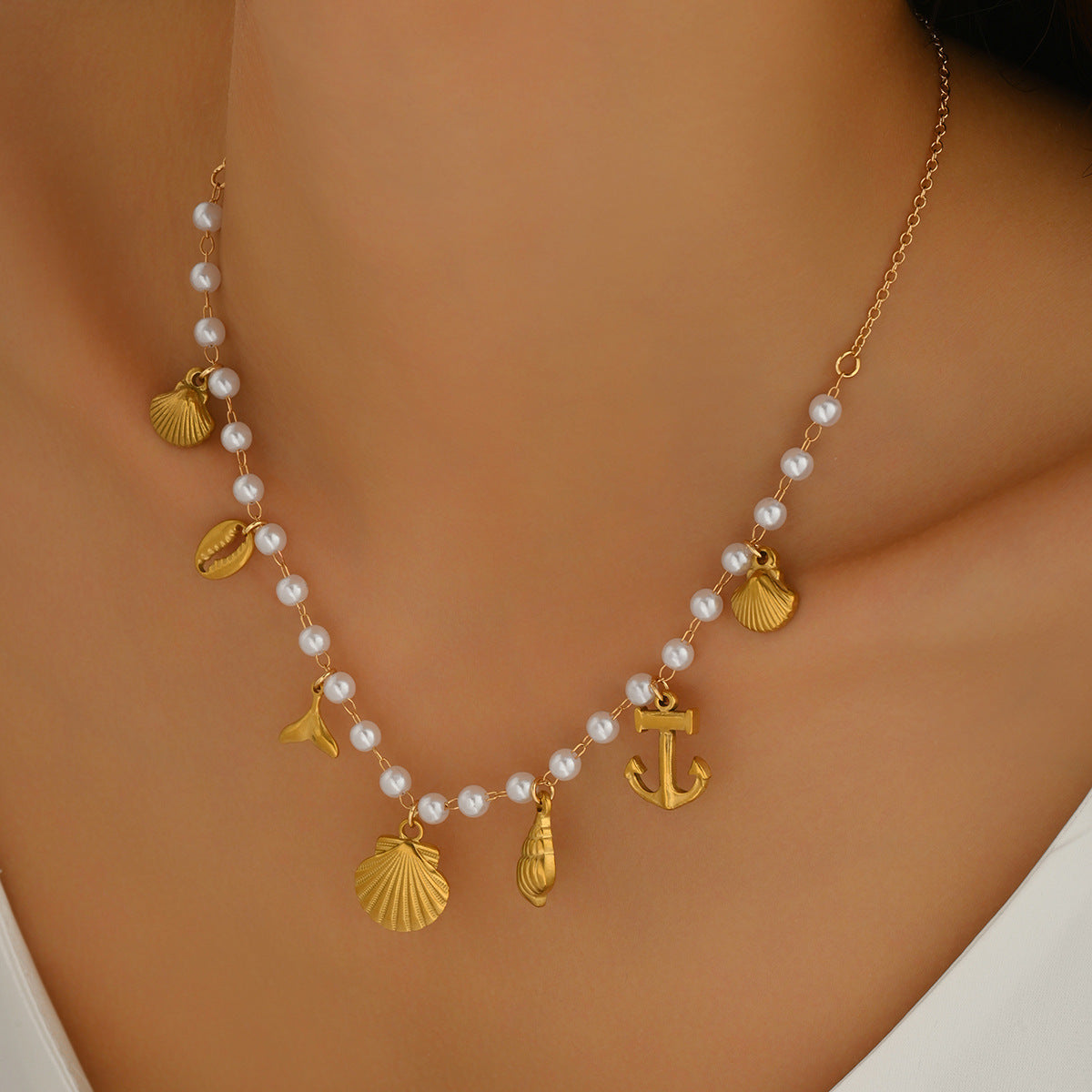 New European American Women Neck Jewelry, Geometric Ocean Element Necklace Decorated With Shell & Faux Pearl, Versatile Daily Neck Accessories