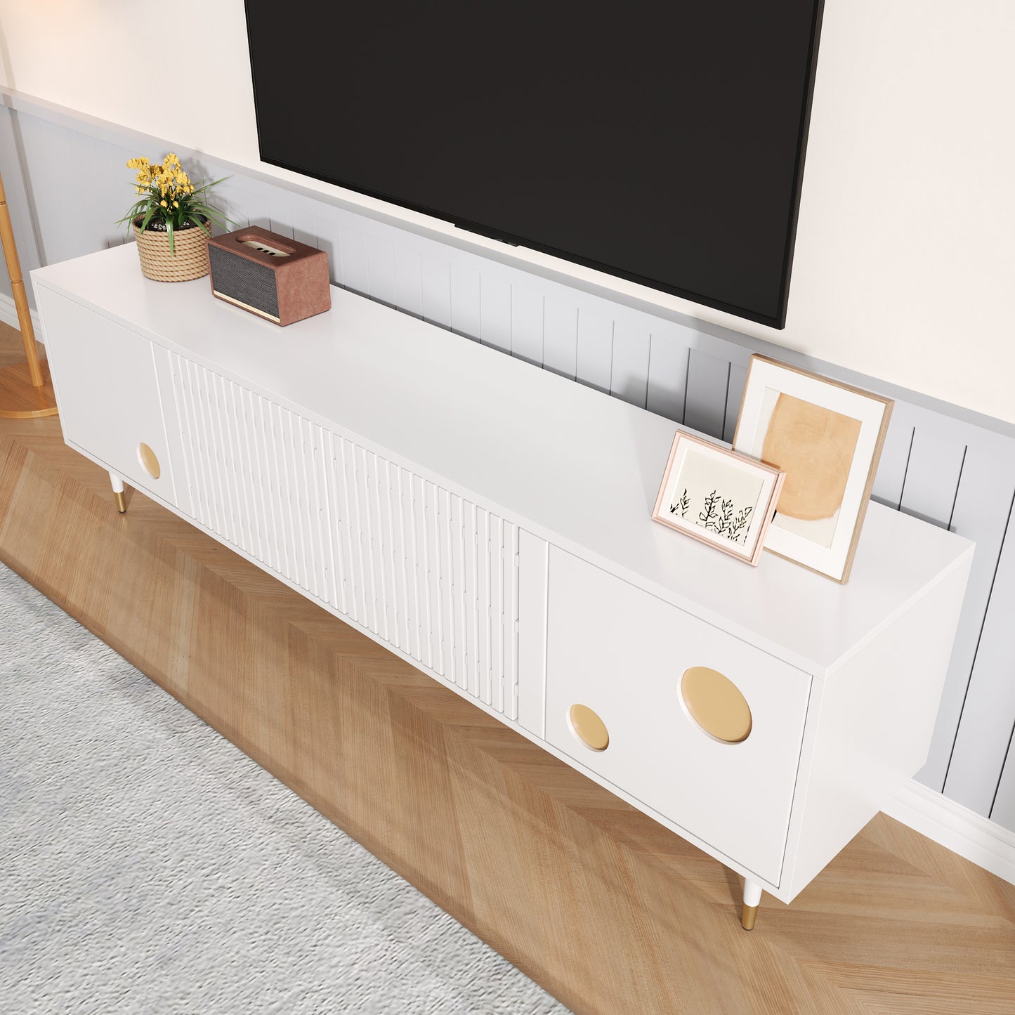 TV Cabinet, TV Stand With Lattice Structure, Hidden Handles, Gold Decor. Living Room Furniture. Two Solid Wood Doors