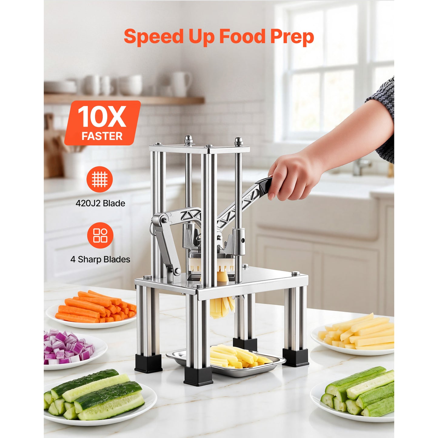 French Fry Cutter, Commercial Vegetable Chopper With 4 Blades (1/4", 3/8", 6-Wedge & Apple Corer), Stainless Steel Potato Slicer For Fries, Onion, Carrots, Lemon – Home & Restaurant Use