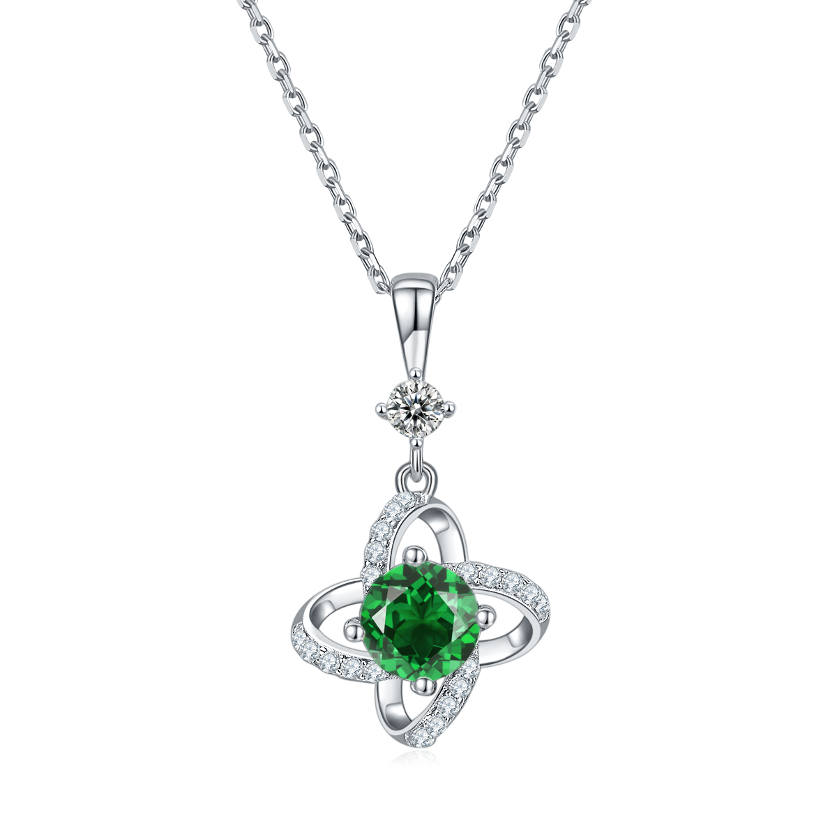 S925 Sterling Silver 4-Leaf Clover Necklace, 6.5mm Moissanite & Lab-Grown Gemstone, Platinum Plated 45cm Chain, 2.8g Women's Fine Jewelry Gift Box