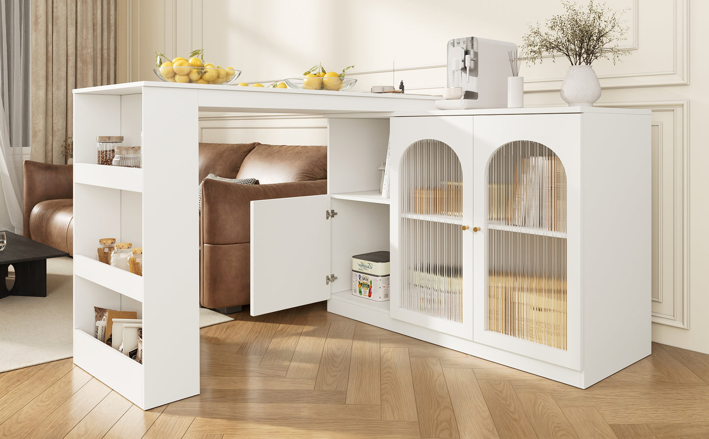 360 Rotatable Bar Table  Main Body 120 X 40 X 97 Cm , Modern And Simple White Rotating Dining And Bar Cabinet, Multifunctional Storage Cabinet With Glass Door