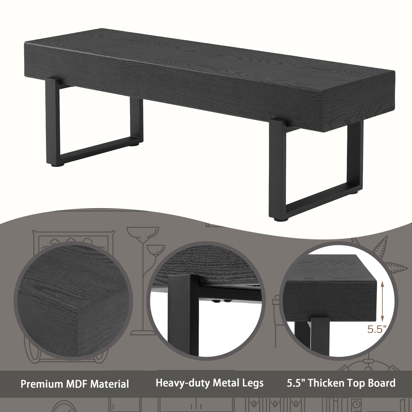 59  Wood Bench For Bedroom End Of Bed, Farmhouse Indoor Kitchen Table Benches,Versatile Modern Shoe Bench For Entryway, Black